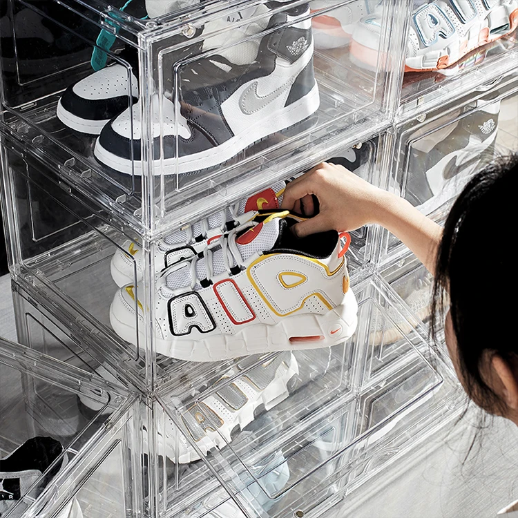 Ready to ship High Quality Transparent Detachable Stackable Large Plastic PET Storage Sneaker Shoe Box with Magnetic Door