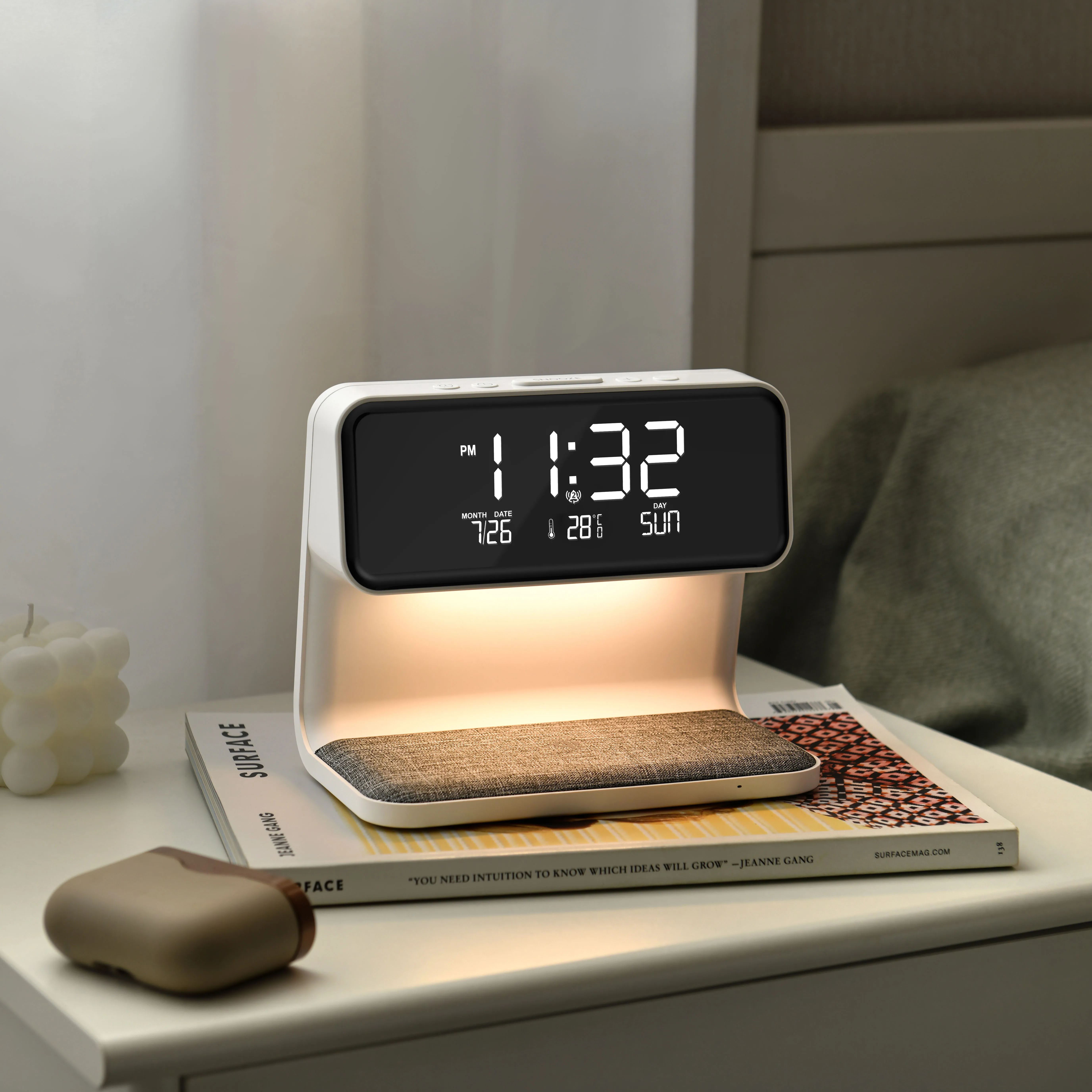Custom Hot Selling New Style Creative Multifunctional Bedside Lamp With Wireless Charger Time Display Alarm Clock For Home Hotel