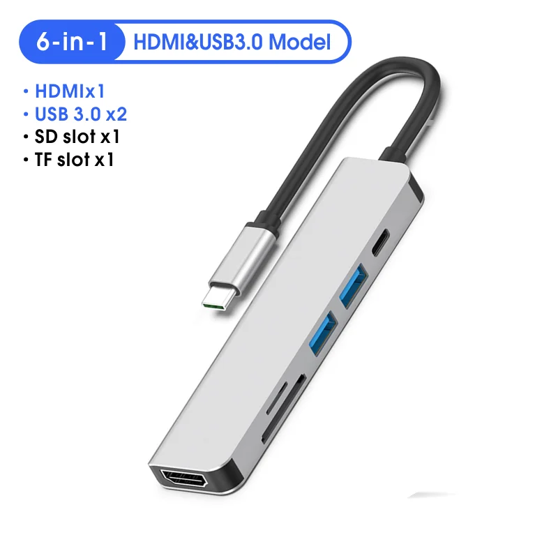 Док-станция USB- C 6 в 1 адаптер для поддержки 4K ULtra HD видео зарядное устройство USB 3 0 PD кардридер Type Mac