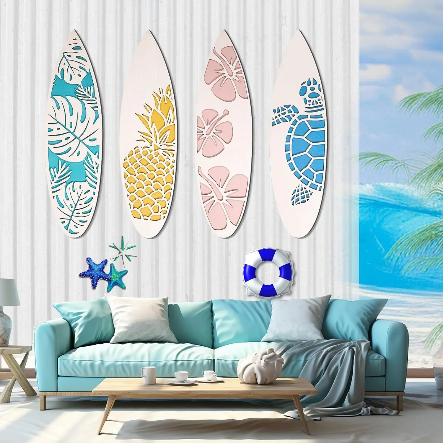 Wooden Beach Decor Summer Surfboard Wall Hanging Sign Tropical Hibiscus Sea Turtle Wood Signs for Bedroom Living Room Decor