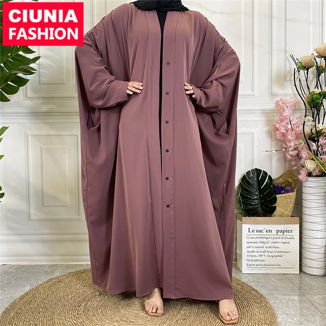 1923# New Solid Colors Butterfly Kaftan With Pockets and Button Islamic Clothing Muslim Women Abaya Dresses