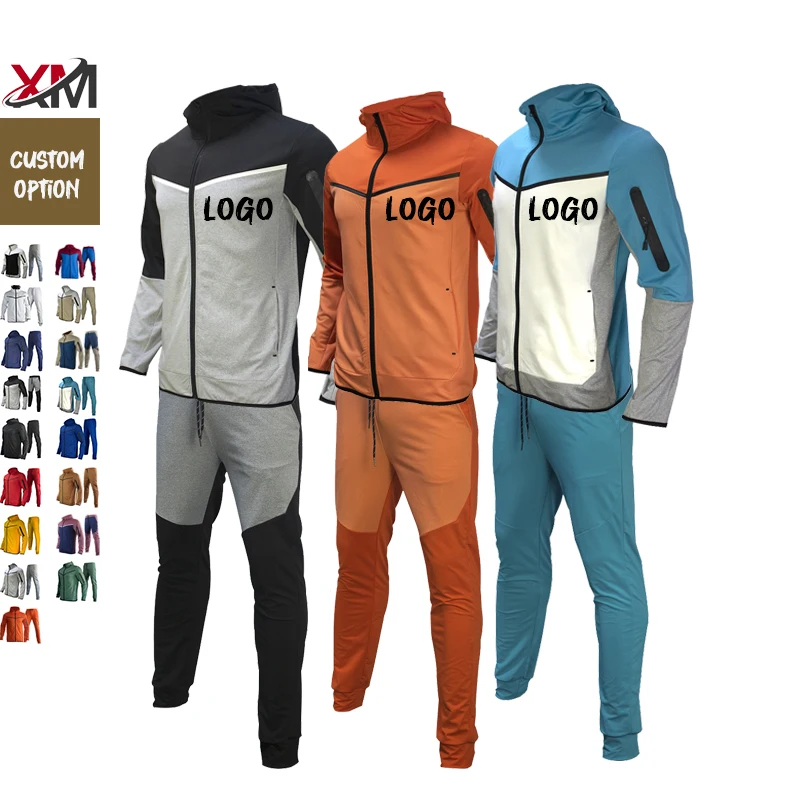 Stretchable Color Block Casual Sportswear Mens Sports Set Zip Up Hoodie Custom LOGO Embroidery Men Tracksuit Track Suit