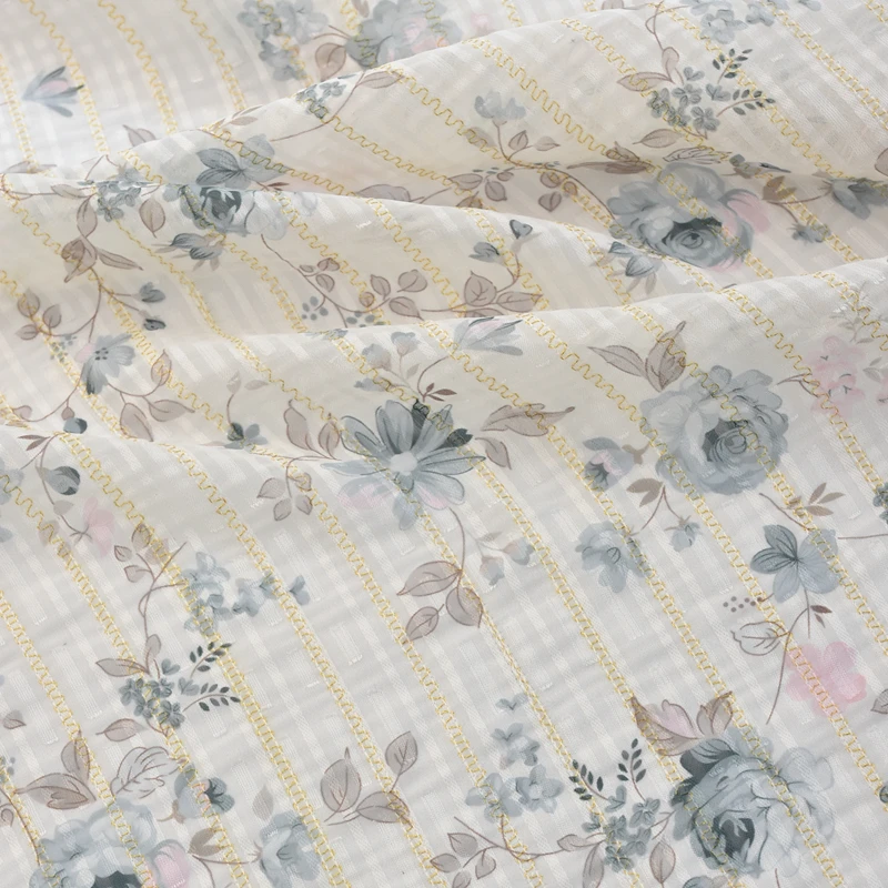 New vintage rose print embroidered stripe chiffon fabric pleated jacquard crepe chiffon fabric with printed flowers