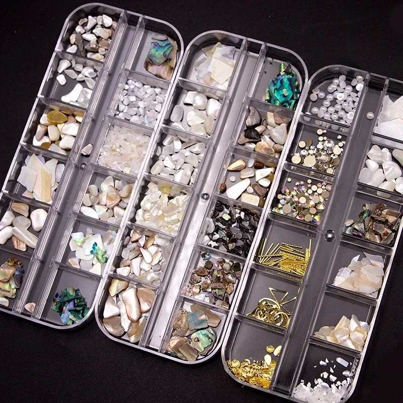 New  12 Grid Long Strip Box  Crystal Nail Art Mixed Shape Metal/pearl/shell Mixed color DIY Nail Art 3D Decoration