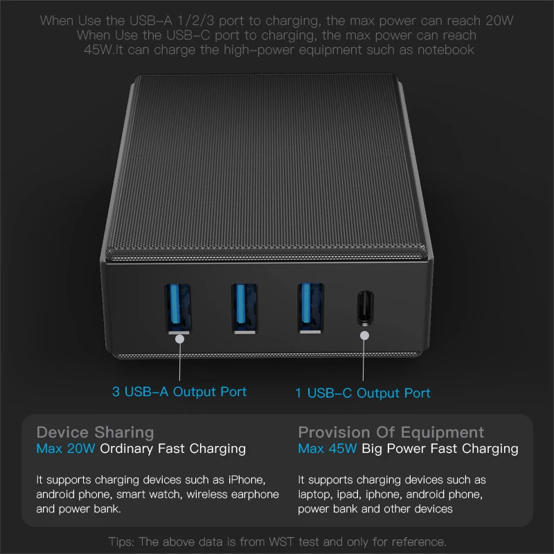 
WST New arrival 45w fast charging smart mobile phone 4 port USB desktop charger for tablet 