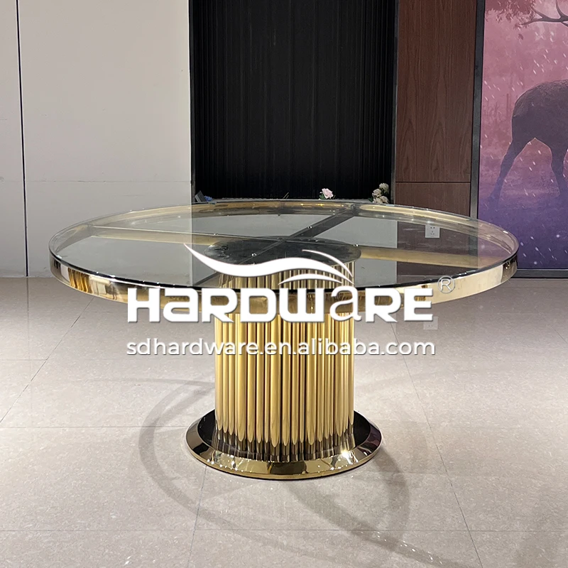 Foshan Hardware Furniture Gold Stainless Steel Clear Glass Round Banquet Table Set