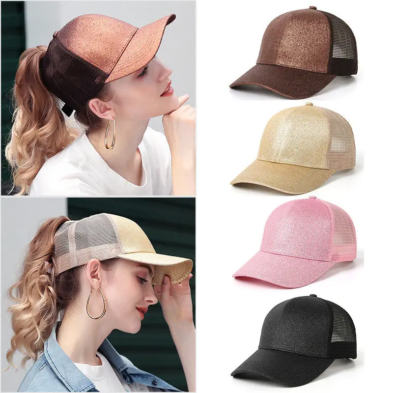 Glitter Baseball Caps Casual Sport Sequin Ponytail Hats For Women Solid Color Summer Mesh Breathable Female Sun Hat Bonnet