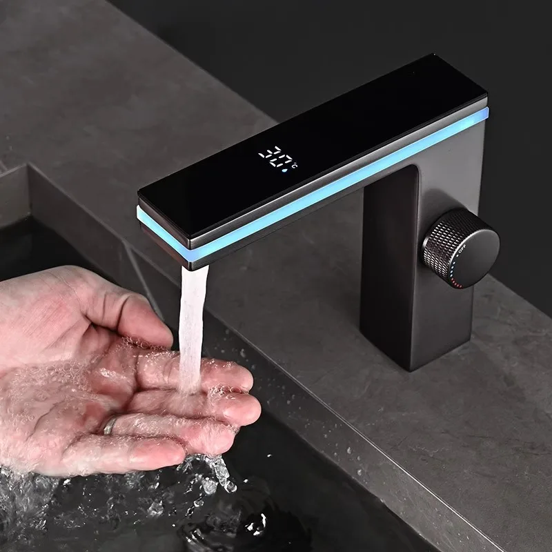 Automatic Digital Display Brass Basin Faucet Classic Design Deck Mounted Laundry Hot Cold Water Copper Sink Faucet Brushed