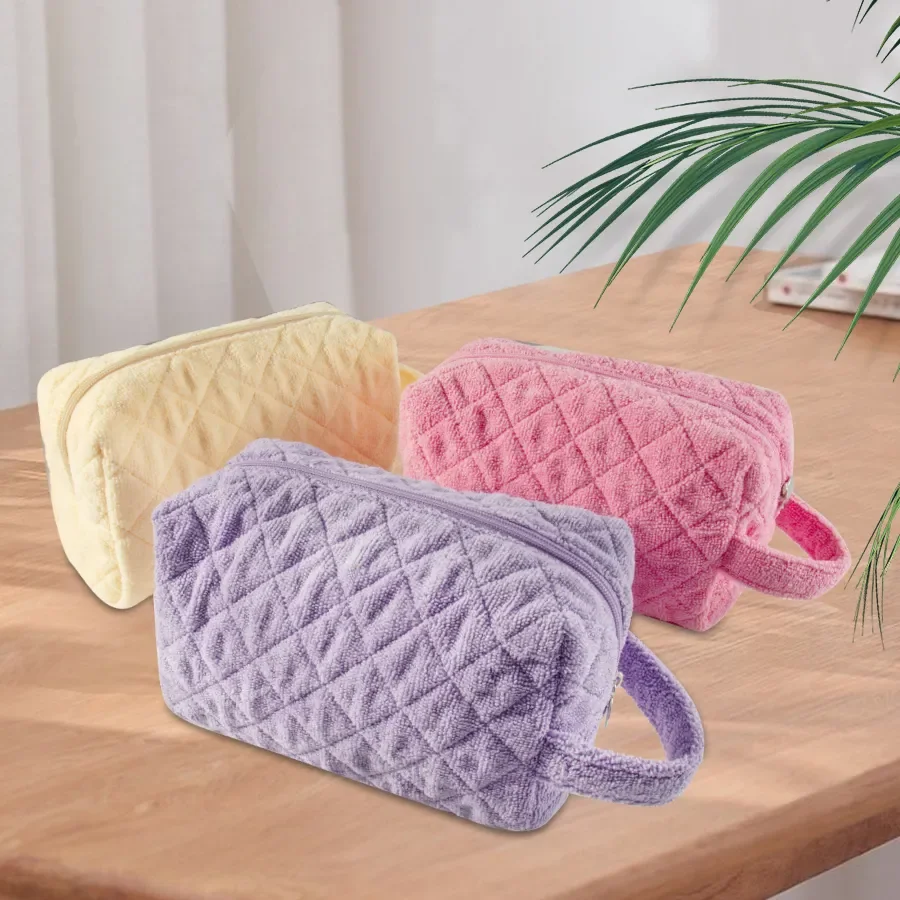 Factory OEM Quilted Ladies Portable Travel Toiletry Zipper Makeup Cases Bag Organizer Large Terry Towel Cloth Cosmetic Bag Pouch