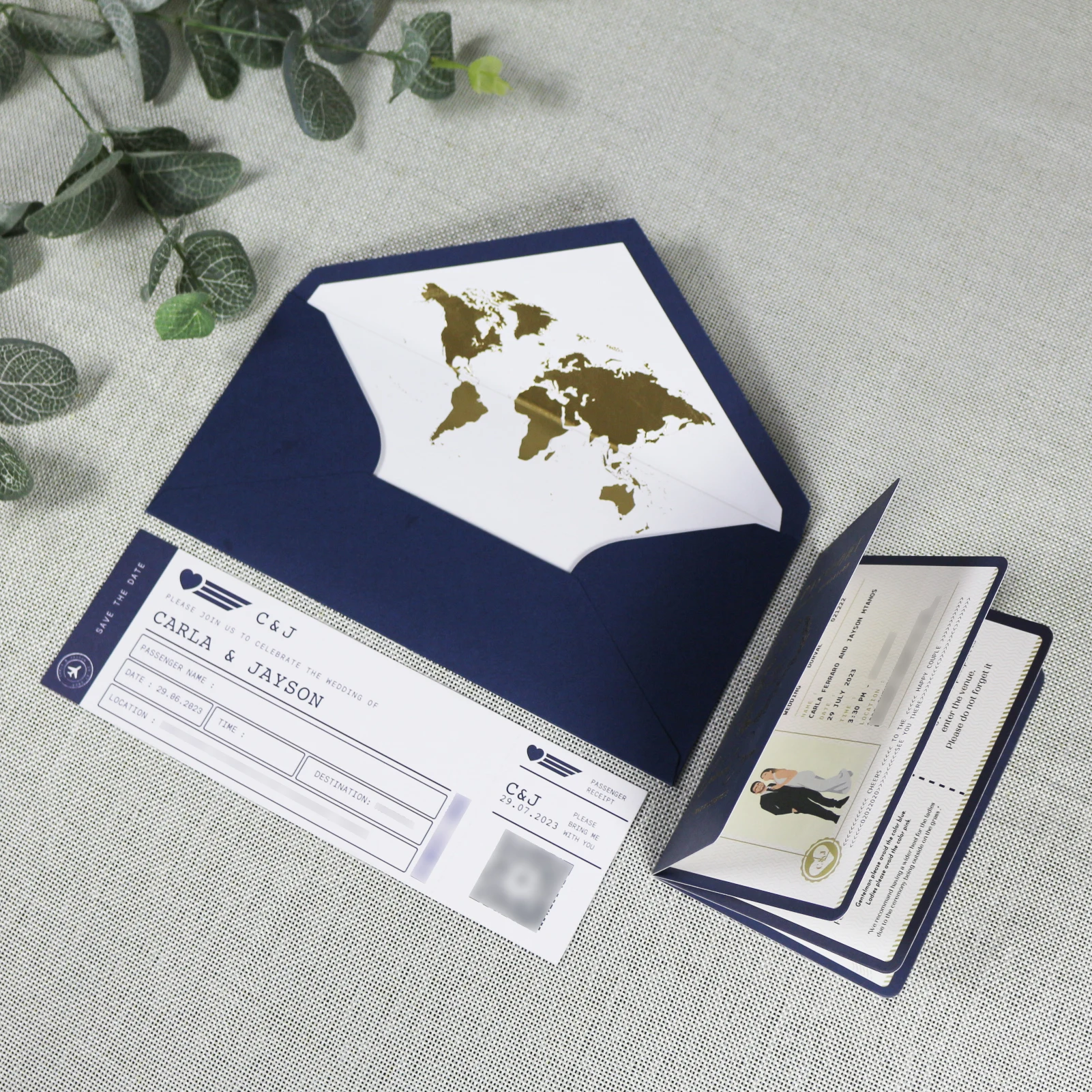 Fancy Navy Blue Wedding Destination Passport Gold World Map Invitation with Boarding Pass Card and Envelope
