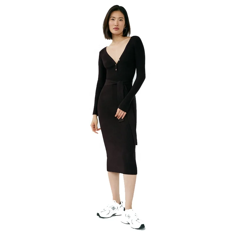Knitwear manufacturer women casual long sleeves hollow out bodycon sexy wrap midi knitted sweater dress