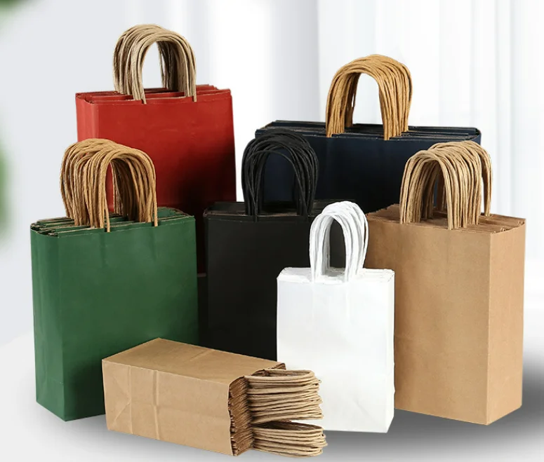 Customized Brown Recyclable Kraft Paper Bag Fast Food Take Away Twisted Handle Shopping Bag