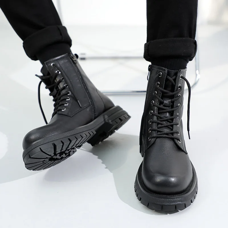 Increase Height Boots for Men Genuine Leather Chelsea Boots Fashion Lace Up Platform Sneakers Autumn Winter Man Motorcycle Boots