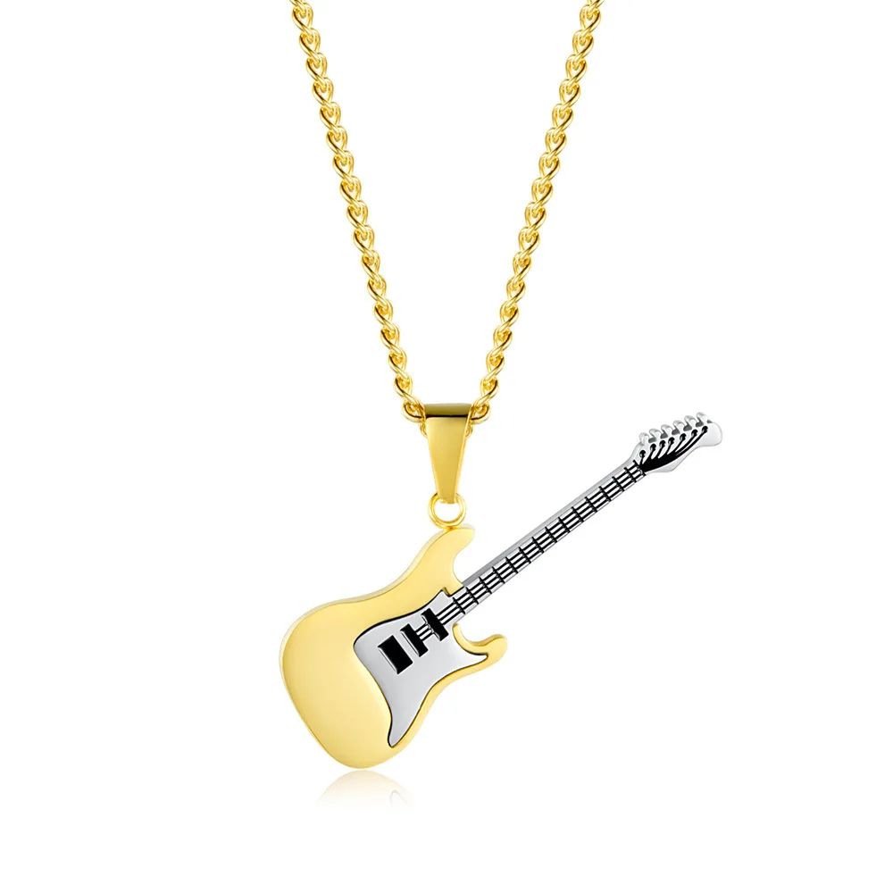 New Fashion Design Music Instruments Guitar Pendant Necklace For Women Men 18K Gold Plated Stainless Steel Jewelry