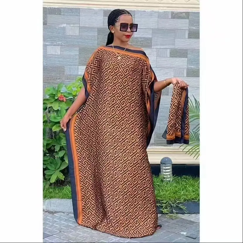 Whosale 2024 new style ladies african clothing ethnic free size satin silk printed long Kaftan plus size muslim women dress