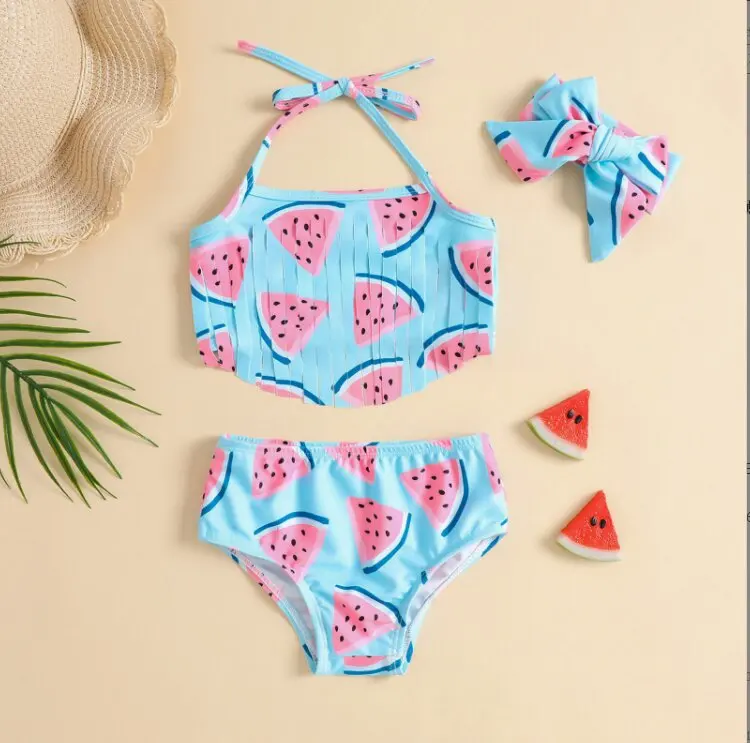Summer Girls Kids Swimsuit Two Piece Floral Tassel Swimwear for Children Bikini Bathing Suit