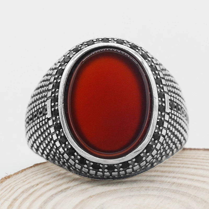 Turkish Real S925 Silver Red Agate CZ Stone Men Ring Designs , Antique Natural Onxy Zircon Stone Rings in Thai Silver