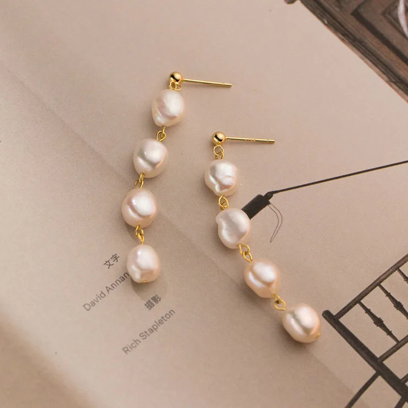 925 Sterling Silver 18K Gold Plated Handmade Baroque Freshwater Pearl Tassel Dangle Earrings For Girls