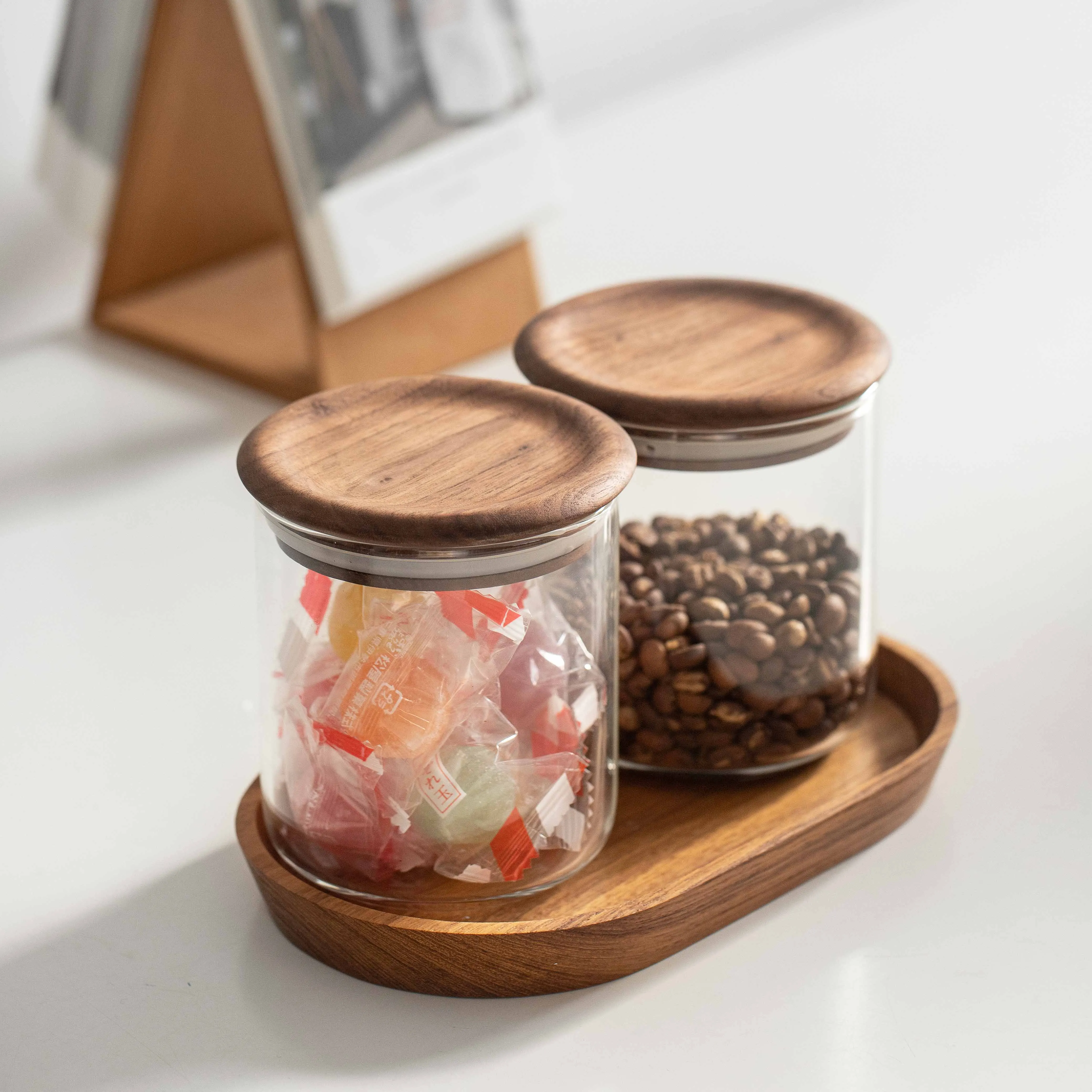 Wholesale Safety Material Coffee Canister Walnut Wood Glass Jar with Flat Lid and Round Bottom