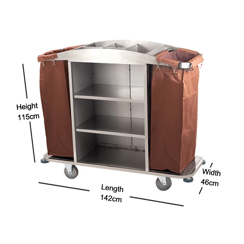 Mobile Hotel Maid Cart Stainless Steel Housekeeping Trolley Cart For Hotels With Multiple Pockets Linen Bags