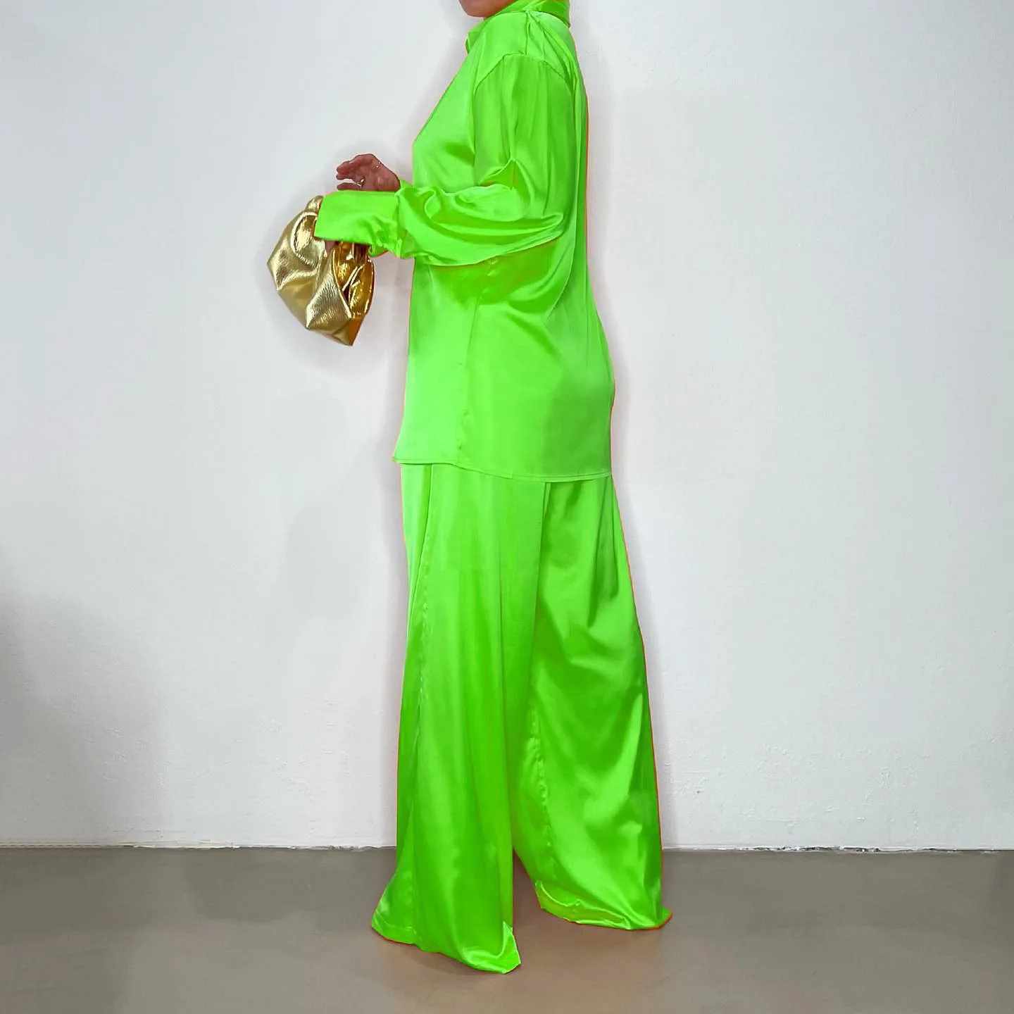 Spring Fall Women S-5XL Plus Size Long Sleeve Shirt And Pants Satin 2 Piece Set Lounge Wear Set Causal Loose Clothes