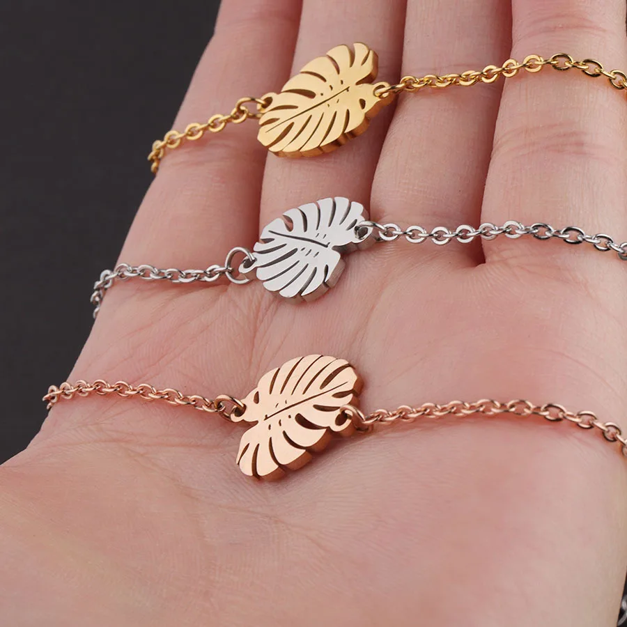 Mirror Polished Stainless Steel Elegant Cheap Jewelry  Leaf Charm Bracelet for Girls