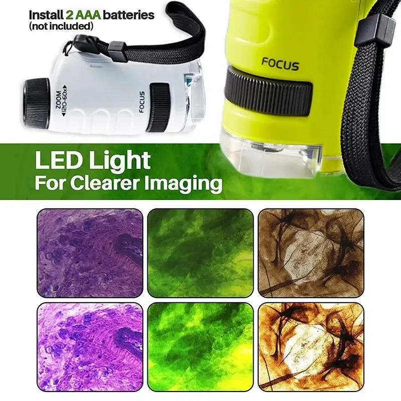 STEM Kids Portable 60-120X Zoom LED Lighted Pocket Microscope Toy for Kids 8-12 Gift