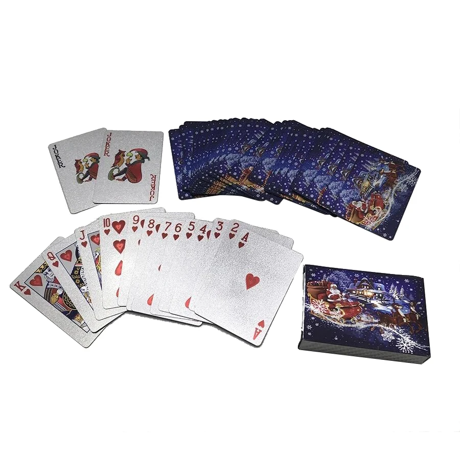 Водонепроницаемая Рождественская пластиковая ПВХ палуба Передняя Задняя печать Посеребренная покерная игральная карта для игры