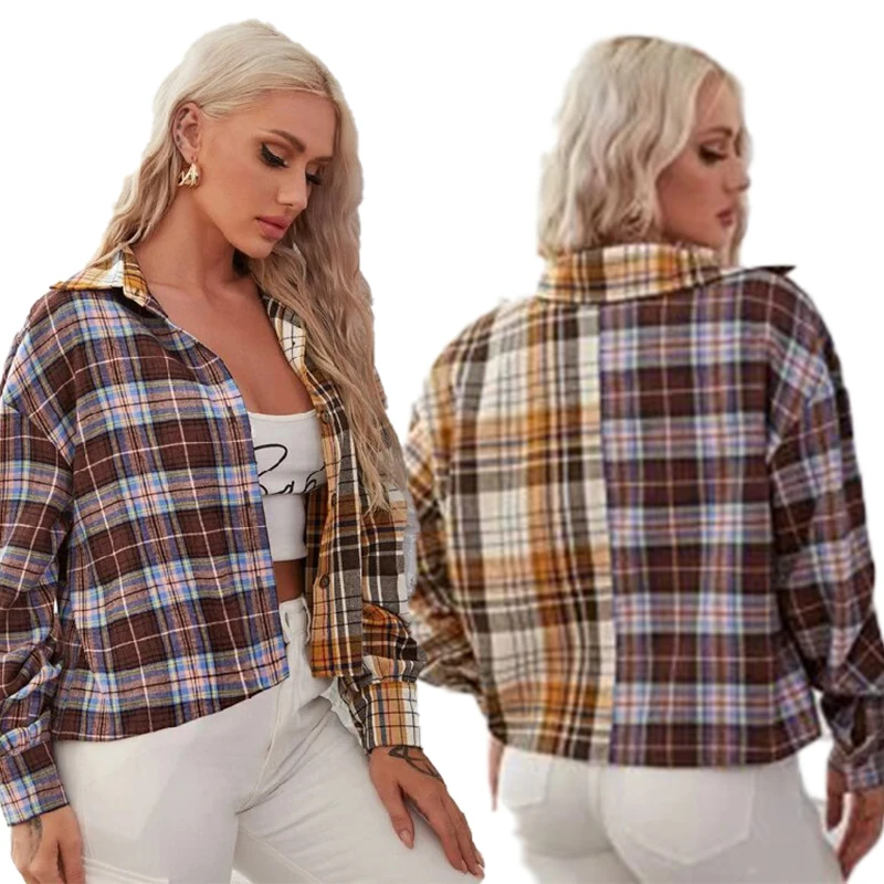New Design Fall and Winter Shirt Women Plaid Shirt Cotton Long Sleeve Patchwork Blouse for Girls Korean Top Streetwear Shirt