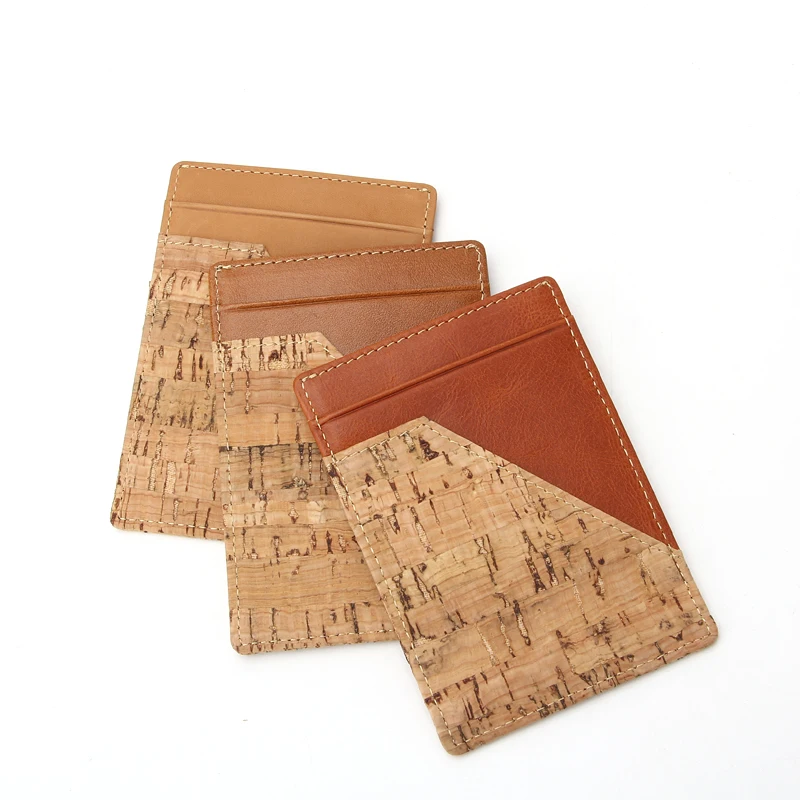 OEM Slim Minimalist Wallet RFID Blocking Leather Cork Credit Card Holder with Pull Tab