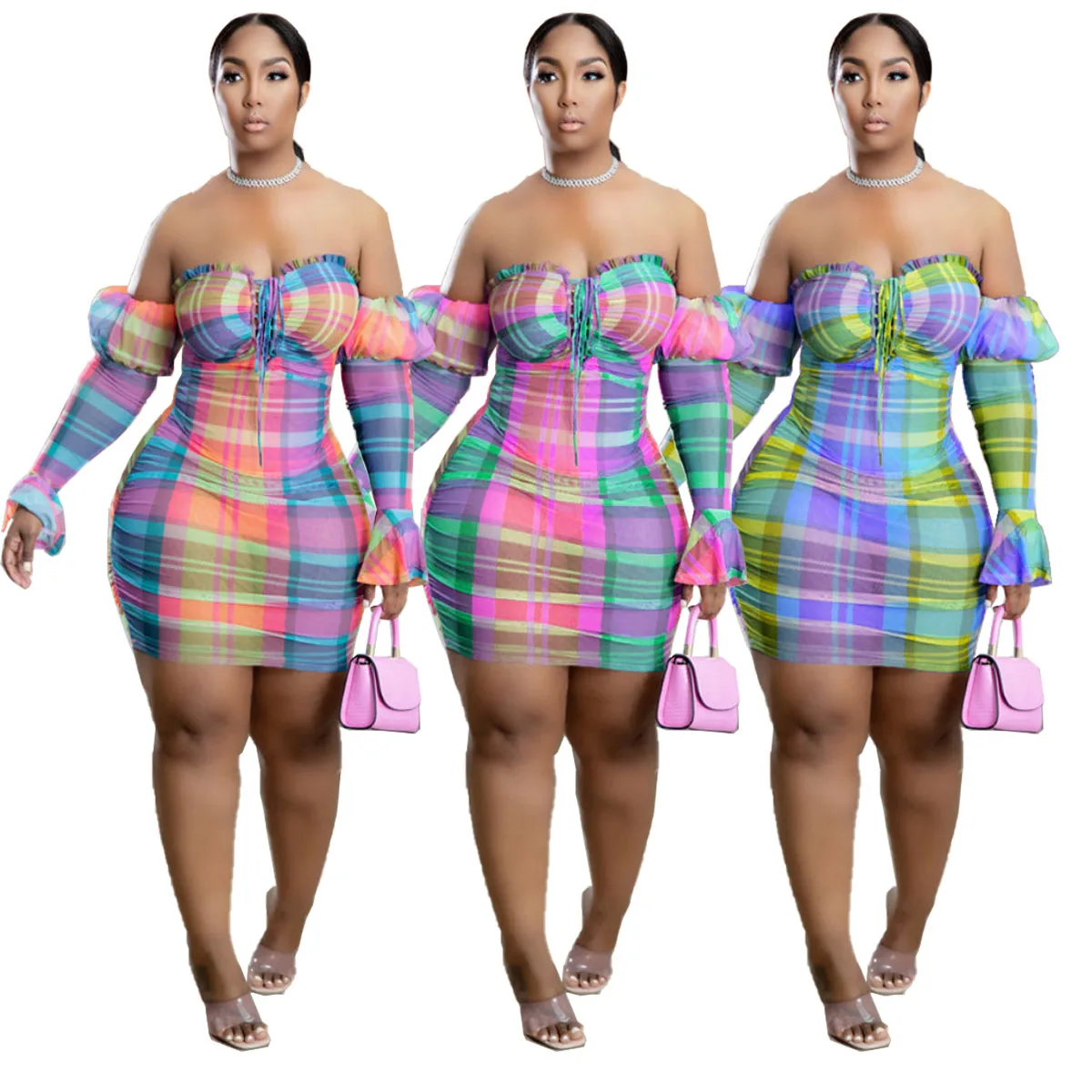 Multicolored Plaid Printed Women Bodycon Dress Slash Neck Long Sleeves Stretchy Party Nightclub Casual Dresses