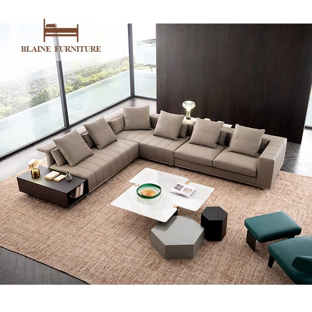 Italian Minimalism Living Room Furniture Metal Frame 4 Seater Couch Designer Genuine Leather Premium Beige Sofa Set