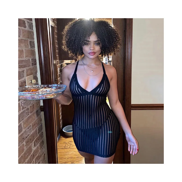 YH2063 2020 Trendy Popular Women Summer Casual Backless See-through Striped Dress