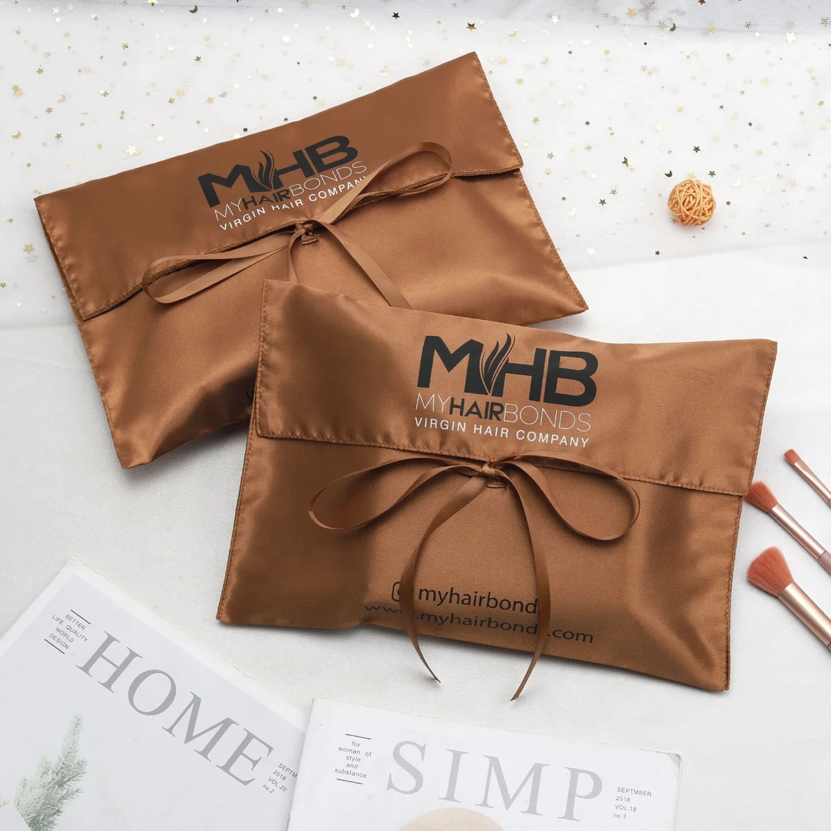 Luxury Custom Logo Printed Brown Envelope Satin Bag Purse Clothing Shoe Hair Wig Packaging Dust Gift Bag Silk Pouch