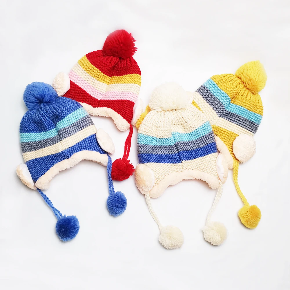 Ear Muffs Winter Baby Hat Best Sale Child Kids Fleece Bonnet Thick Cotton Yarn Knitted  Beanie Hats Pom Pom Woolen Caps