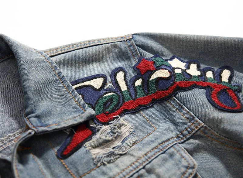 brand design hip hop streetwear denim fancy patches embroidery ripped jean jacket for men