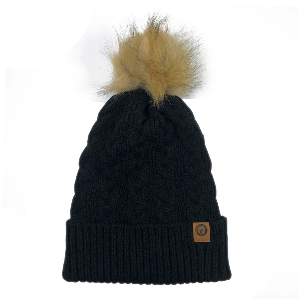 Luxury quality winter satin lined beanie hat with fur pom Blank thicker basic touque caps Custom leather patch cable knit beanie
