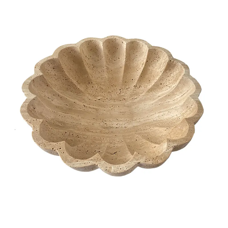 HZX Customized Natural Stone Manufacturer Design Carved Cararra Beige Marble Flower Tray Decorative  travertine bowl