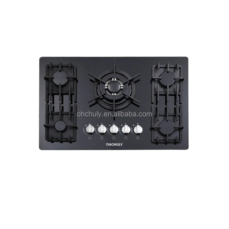 Home Appliance Tempered Glass Cast Iron Pan Supports lpg or gp Stove Kitchen Build In 5 Burners Gas Hob