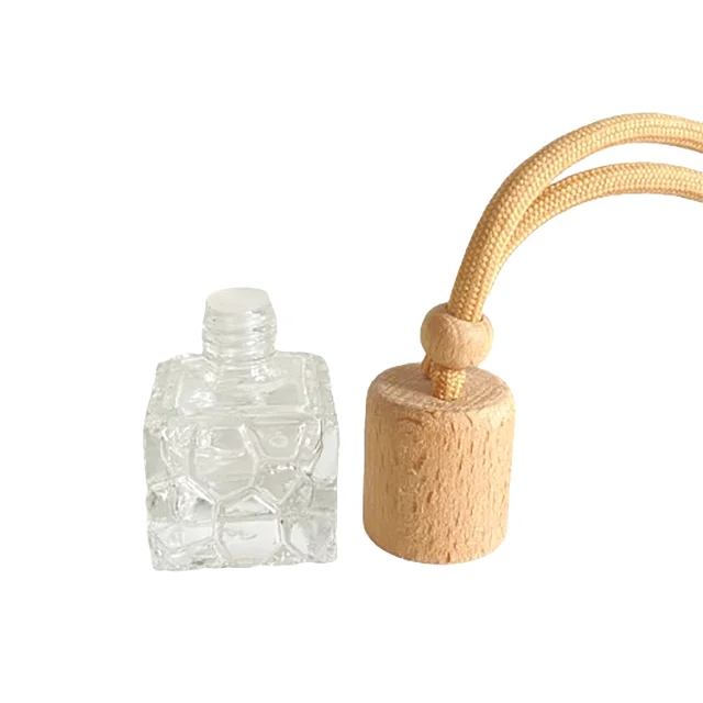 10ml Clear Water Cube Empty Glass Car Air Freshener Perfume Diffuser Bottle with Round Wooden Lid Vent Clip Diffuser Container