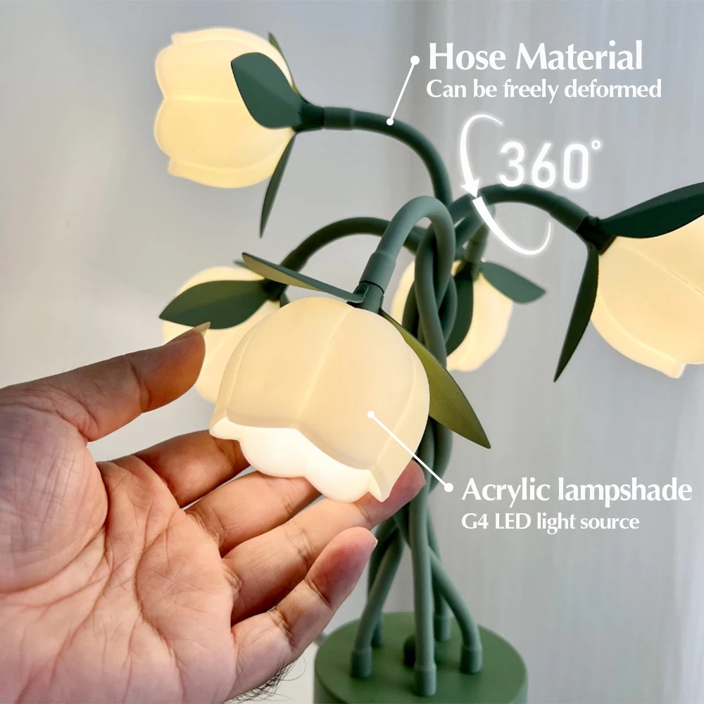#Nordic style exquisite bell orchid 5 LED lamp heads USB, desk and bedroom atmosphere desk lamp