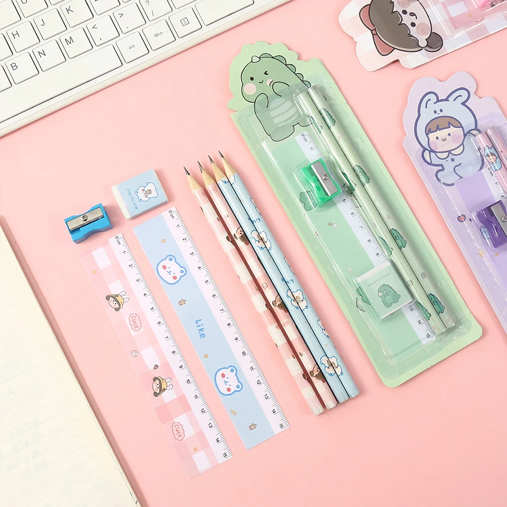 Hot Sale Lovey Stationery Pencil Students Eraser Ruler Sharpener Pencil Set School Rewards Custom