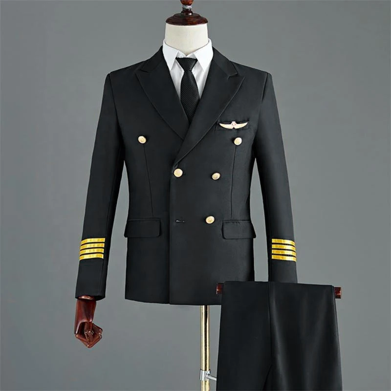 Custom  100% Cotton Fabric Green Pilot Uniform Sets Blazer Shirts Trousers Airline Staff Workwear Captain Uniforms