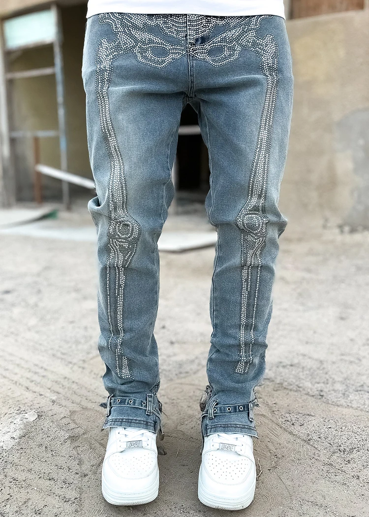 New arrivals sublimation skeleton jeans custom logo rhinestone jeans for men
