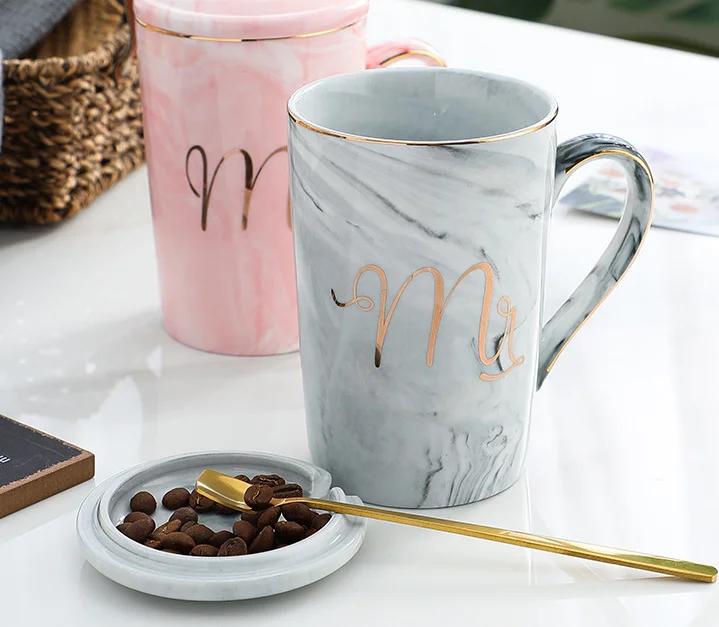 14oz Pink Grey  Mr Mrs Souvenir Wedding Gift Couple Lover Reusable Ceramic Marble Coffee Tea Mug