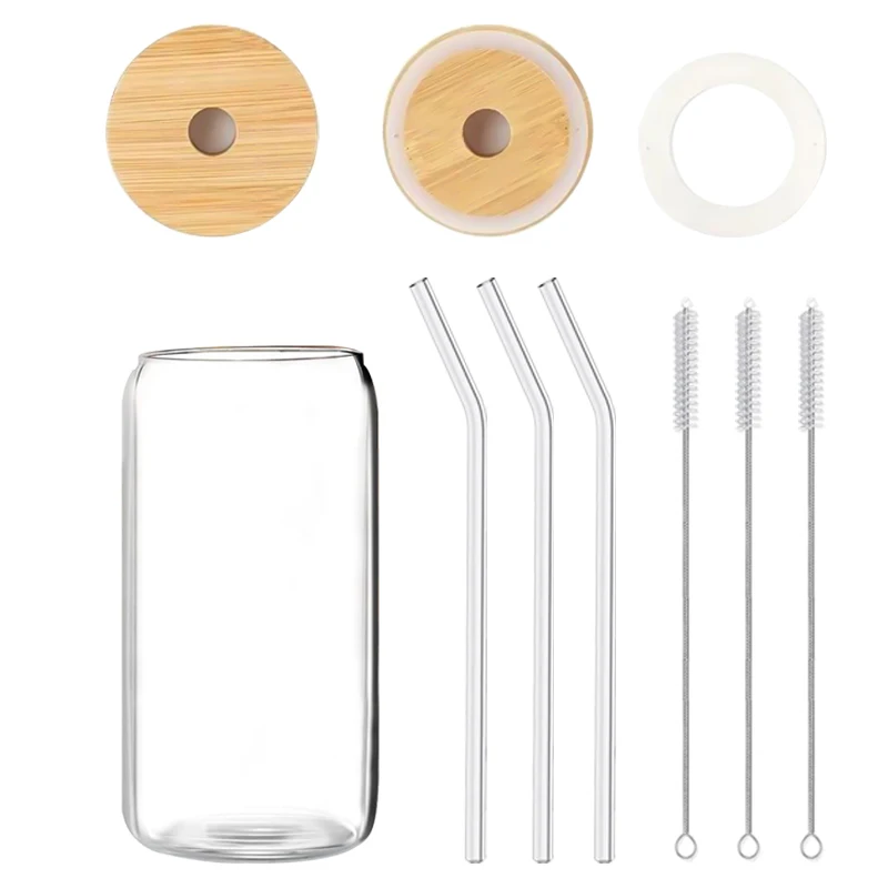 Wholesale Ice Clear Glass Cups With Dome Lid Straw Coffee Bottles Milk Cup Drinking Glasses for Bubble Tea Smoothie Coke Soda