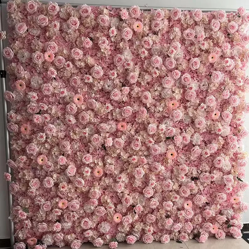 Hot Selling Customized 5D Cloth Roll Up Pink White Artificial Rose Flowers Wall Backdrop Decoration For Wedding Events Party
