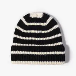 Ribbed Wool Beanie for Women Wholesale 2022 Thick Color Block Pattern Wool Winter Hat Black White Striped Toque