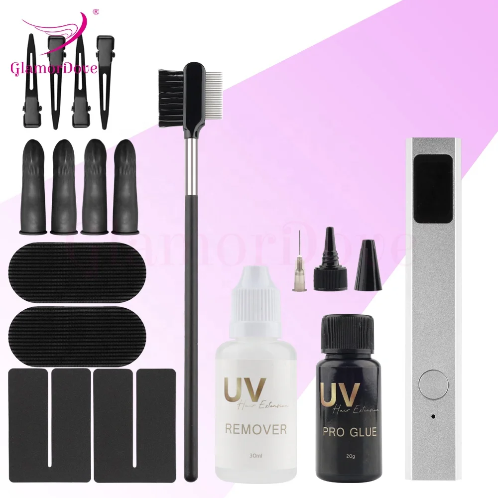 GlamorDove V Light Extensions Kit Hair Extension System With UV Light UV LED Machine,Glue,Brush,Remover,Anti-UV Shield Defender