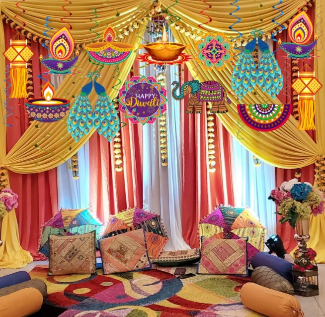 Happy Diwali Party backdrop peacock Rangoli Ganesha Diya ceiling hanging swirls Hindu ornaments garland festival of lights Decor